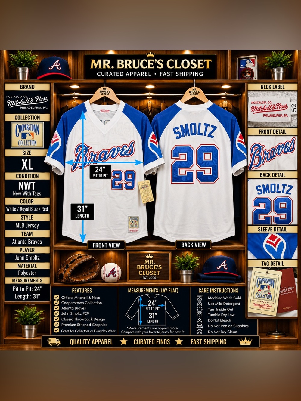 Mitchell & Ness Kids Atlanta Braves Smoltz #29 Jersey — White & Blue